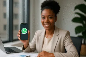 Empresaria sonriente con smartphone mostrando WhatsApp, simbolizando la automatización de cobranzas con inteligencia artificial en PYMEs.