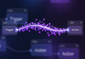 Visualización del flujo de datos automatizado con n8n, conectando un Trigger con una Action mediante cubos morados que representan procesos de inteligencia artificial y automatización.