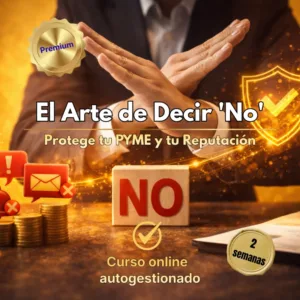 Persona en traje realizando un gesto de 'X' con las manos frente a un bloque de madera con la palabra 'NO', simbolizando límites y asertividad empresarial.