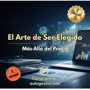 Imagen publicitaria del curso El Arte de Ser Elegido con un ordenador portátil, gráficos de análisis y sello de calidad premium.