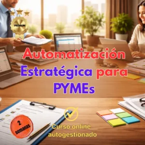 Imagen promocional del curso Automatización Estratégica para PYMEs de Nexo Estelar, mostrando profesionales en una oficina con sellos de calidad premium y duración de dos semanas.