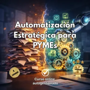 Comparativa visual entre una pila de documentos desordenados y un brazo robótico con engranajes dorados, representando la automatización estratégica para pequeñas empresas.