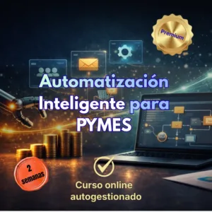 Imagen promocional con brazo robótico, laptop con flujos de trabajo y monedas de oro sobre un fondo tecnológico para el curso de Automatización Inteligente para PYMES.