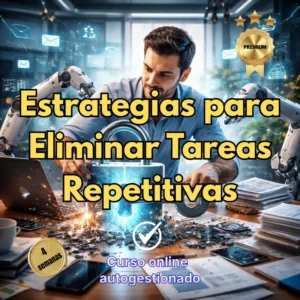 Hombre trabajando en una oficina moderna rodeado de brazos robóticos y un candado luminoso, representando la automatización de procesos para eliminar tareas repetitivas.