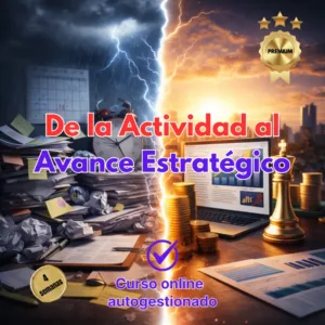 Imagen dividida que muestra a la izquierda un escritorio caótico y oscuro bajo una tormenta, y a la derecha un escritorio ordenado con laptop, monedas de oro y una pieza de ajedrez bajo un sol brillante.