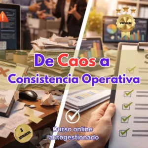 Infografía dividida que muestra a la izquierda un escritorio caótico y desordenado y a la derecha un entorno organizado con gráficos y una lista de tareas completada para el curso De Caos a Consistencia Operativa.