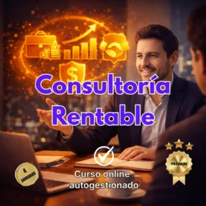 Imagen publicitaria de curso sobre consultoría rentable mostrando a un consultor profesional en una oficina con iconos dorados de éxito financiero y crecimiento empresarial.