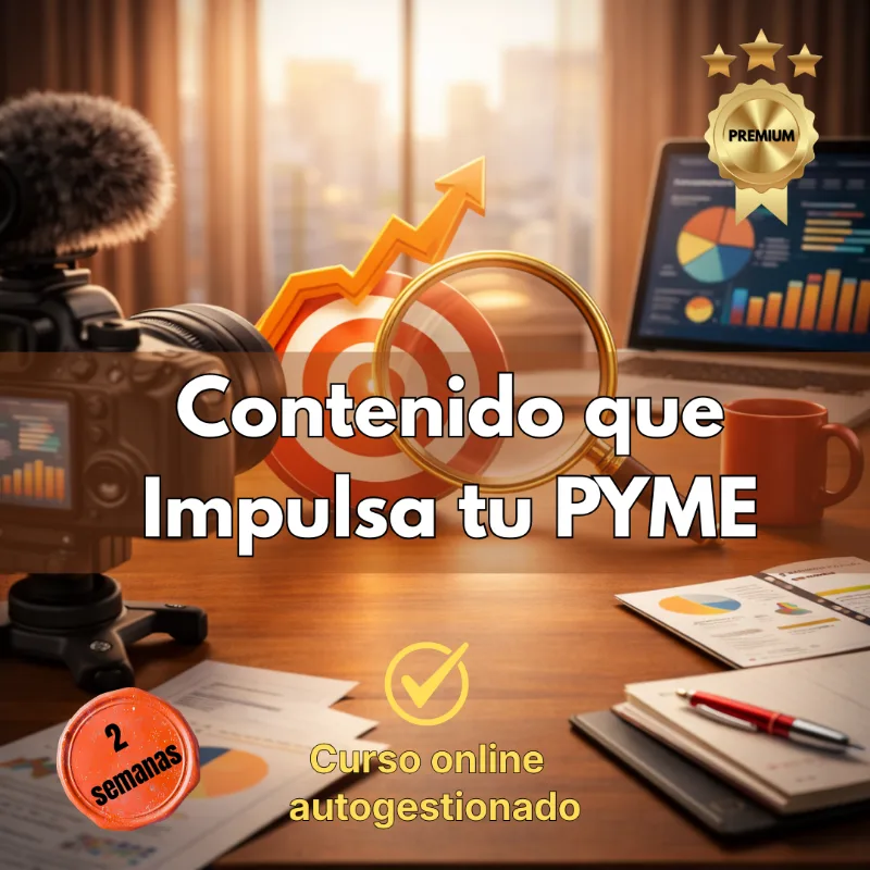 Imagen publicitaria del curso online 'Contenido que Impulsa tu PYME' mostrando una cámara, una lupa enfocando un objetivo y gráficos de crecimiento empresarial.