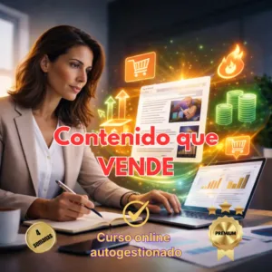 Mujer profesional redactando en un cuaderno frente a una laptop con gráficos digitales brillantes de ventas, carritos de compra y monedas, promocionando el curso Contenido que VENDE.