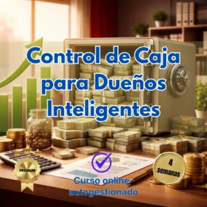 Una caja fuerte abierta llena de fajos de billetes junto a una calculadora, monedas y documentos financieros sobre un escritorio de oficina, con el texto Control de Caja para Dueños Inteligentes.