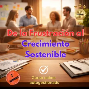 Imagen promocional de un curso de Nexo Estelar que muestra a profesionales en una oficina con el texto 'De la Frustración al Crecimiento Sostenible' y un escritorio con informes y gafas.