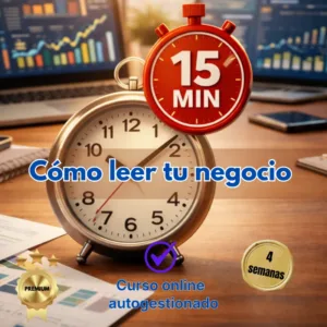 Imagen promocional de un curso online sobre análisis de negocios que muestra un reloj despertador y un cronómetro de 15 minutos sobre un escritorio con gráficos financieros de fondo.