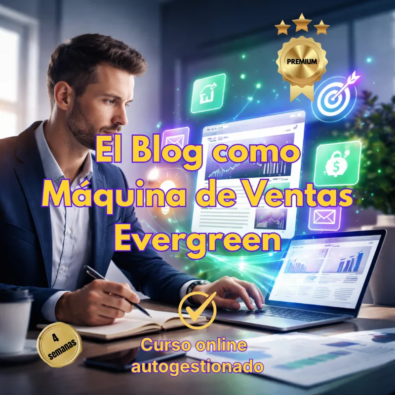 Un hombre profesional trabajando en su laptop con iconos holográficos de marketing digital y el título El Blog como Máquina de Ventas Evergreen.
