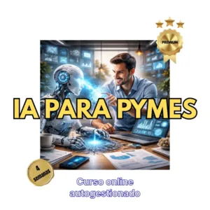 Un hombre profesional interactuando con un robot humanoide frente a una computadora portátil en una oficina digital, con el título 'IA PARA PYMES'.