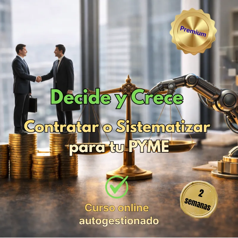 Balanza dorada comparando la contratación de personal humano, representado por empresarios sobre monedas, frente a la sistematización tecnológica representada por un brazo robótico.