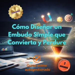 Ilustración de un embudo de ventas brillante con iconos de marketing, una laptop con gráficas y el título Cómo Diseñar un Embudo Simple que Convierta y Perdure.