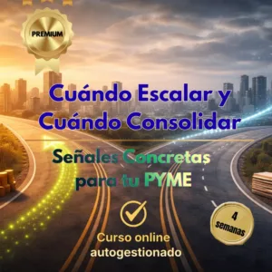 Infografía promocional del curso Cuándo Escalar y Cuándo Consolidar para PYMES, con una imagen de una carretera bifurcada hacia una ciudad moderna.