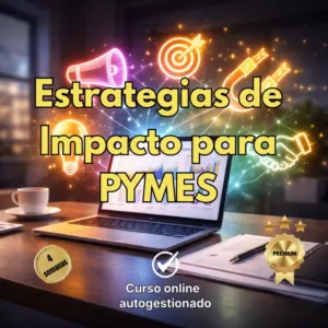 Publicidad de un curso online titulado 'Estrategias de Impacto para PYMES' con una laptop, iconos brillantes de marketing y un sello de calidad premium.
