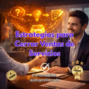 Un profesional y una clienta dándose un apretón de manos en una oficina, con iconos brillantes de procesos de venta y el título Estrategias para Cerrar Ventas de Servicios.