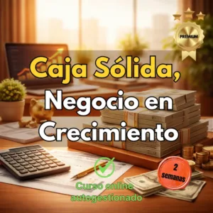 Escritorio de oficina con fajos de billetes de dólares, una calculadora, documentos financieros y el texto 'Caja Sólida, Negocio en Crecimiento' para un curso de Nexo Estelar.