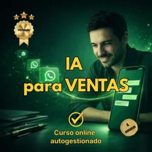 Hombre sonriendo mientras mira un smartphone con iconos flotantes de WhatsApp y el texto 'IA para VENTAS', promocionando un curso de Nexo Estelar.