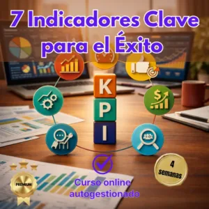 Infografía promocional del curso 7 Indicadores Clave para el Éxito con iconos de KPI y gráficos empresariales en una oficina.
