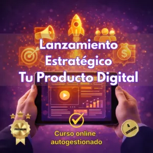 Manos sosteniendo una tablet que muestra analíticas de marketing digital, rodeadas de iconos brillantes de un cohete, megáfono y objetivos de venta.