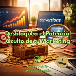 Cofre del tesoro abierto lleno de monedas de oro sobre un escritorio de oficina con gráficos de crecimiento, una lupa y pantallas con métricas de conversiones.