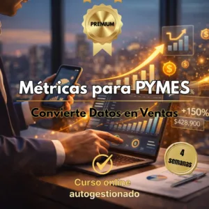 Hombre analizando gráficos de crecimiento y dashboards financieros en una laptop y celular para optimizar ventas en una PYME.