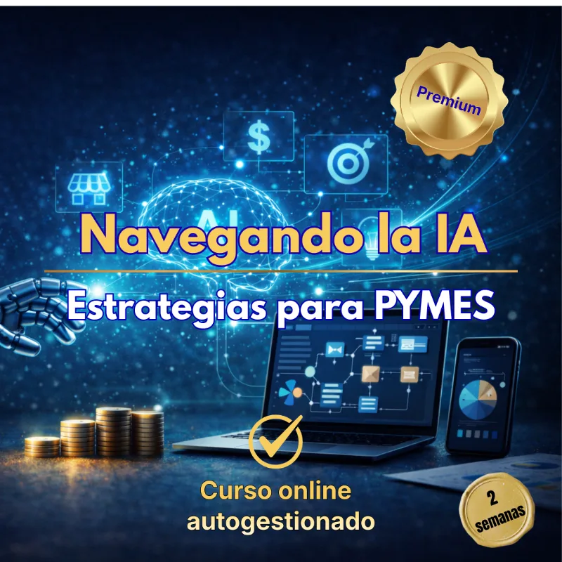 Imagen promocional de un curso sobre inteligencia artificial para pequeñas empresas, mostrando un cerebro digital, iconos de finanzas y tecnología sobre un fondo azul oscuro.