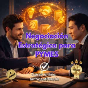 Dos empresarios estrechando la mano en una oficina moderna con iconos brillantes de estrategia y el texto Negociación Estratégica para PYMES.