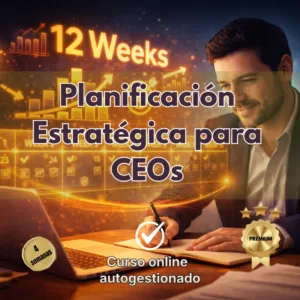 Un hombre de negocios trabajando con una laptop y anotando en un cuaderno, rodeado de gráficos digitales dorados que simbolizan el crecimiento empresarial y la planificación estratégica de 12 semanas.