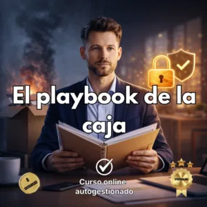 Imagen promocional del curso El playbook de la caja con un profesional leyendo un manual estratégico, un candado dorado brillante y humo al fondo.