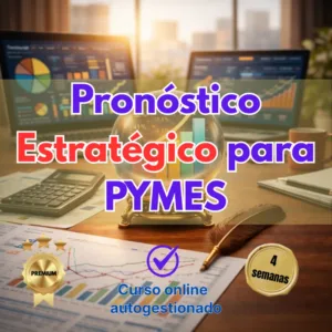 Imagen publicitaria del curso Pronóstico Estratégico para PYMES en Nexo Estelar, que muestra laptops con gráficos de datos, una bola de cristal con barras estadísticas y documentos financieros sobre un escritorio de madera.
