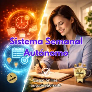 Mujer sonriente escribiendo en un cuaderno junto a elementos gráficos de productividad y el texto 'Sistema Semanal Autónomo'.