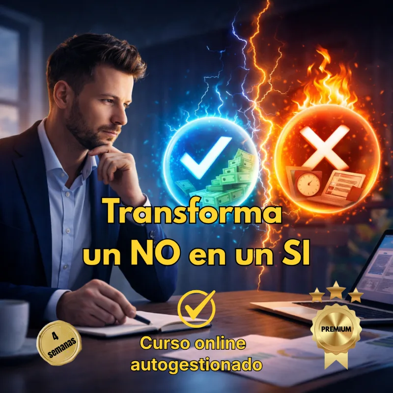 Hombre de negocios reflexionando frente a una balanza visual que muestra el éxito económico con un check azul y el fracaso con una X roja, con el texto Transforma un NO en un SI.