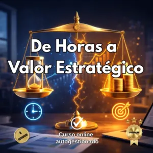 Una balanza dorada equilibrando un reloj de arena y pilas de monedas de oro, con el texto De Horas a Valor Estratégico para un curso de Nexo Estelar.