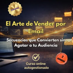 Banner promocional del curso El Arte de Vender por Email mostrando una laptop, un smartphone e iconos de sobres de correo en un entorno digital dorado.