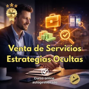 Un empresario sonriente en traje estrechando la mano en un entorno profesional, rodeado de iconos digitales brillantes de un maletín, fajos de billetes y una lupa, con el texto Venta de Servicios Estrategias Ocultas.