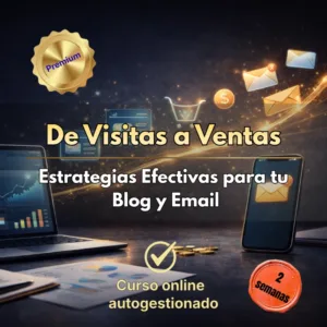 Laptop con gráficos de crecimiento, smartphone con icono de correo y elementos de ventas digitales como un carrito y monedas sobre un escritorio.