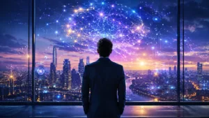 Nexo Estelar futuristic AI vision with a person facing a connected digital city.