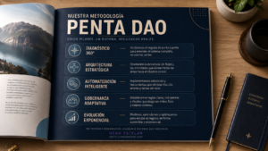 Diagrama de la metodología Penta-DAO: diagnóstico, arquitectura, optimización, amplificación y operación autónoma.